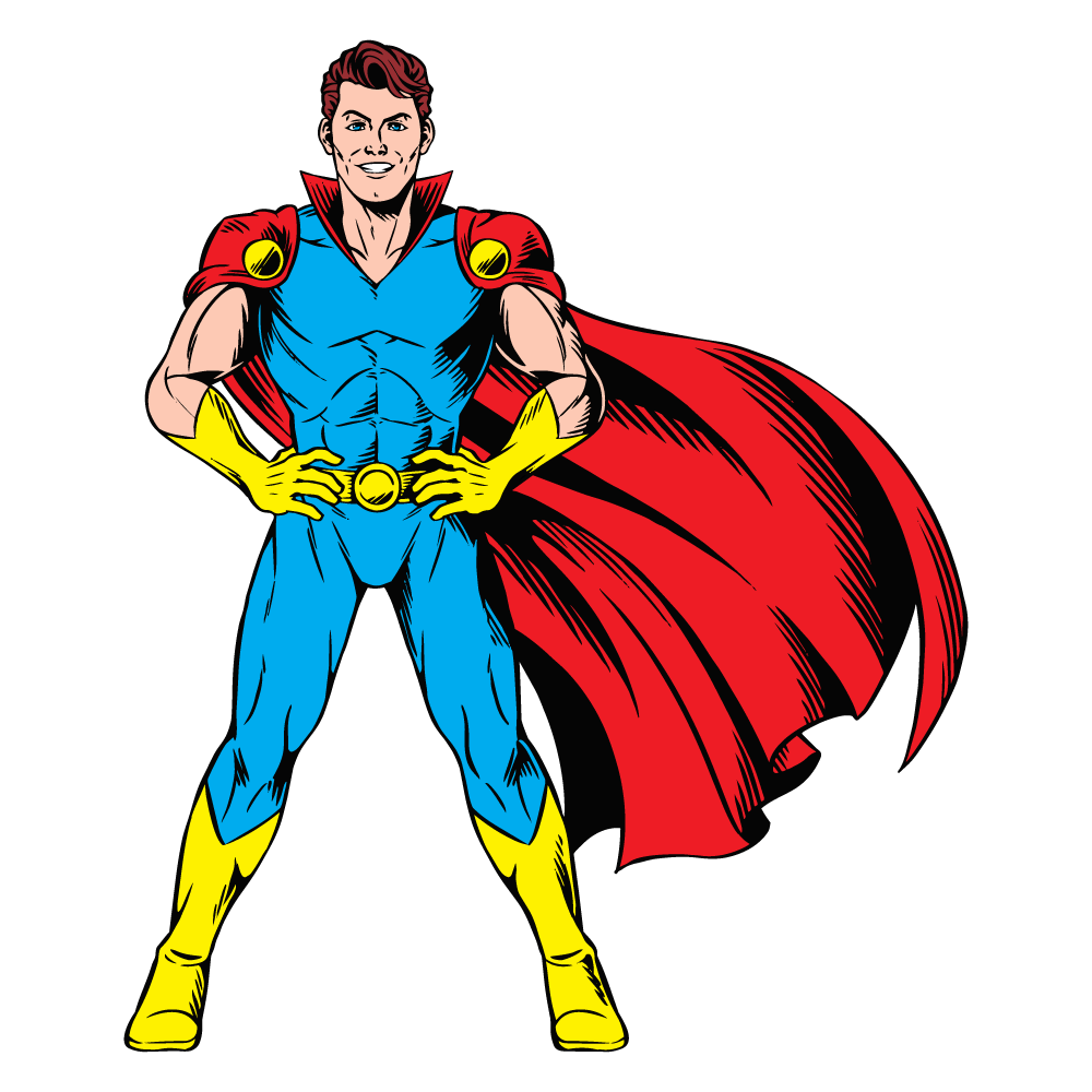 腰に手を当てた全身のアメコミ風ヒーローキャラクター アンブランデッドマン