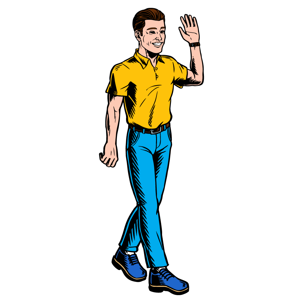 歩きながら挨拶するポールの全身アメコミ風イラスト